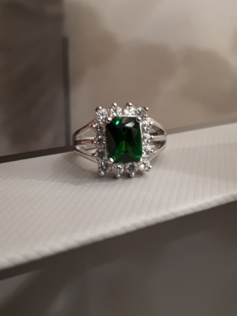 Emerald-Cut Green Stone Halo Ring - Women's Silver Fashion Ring